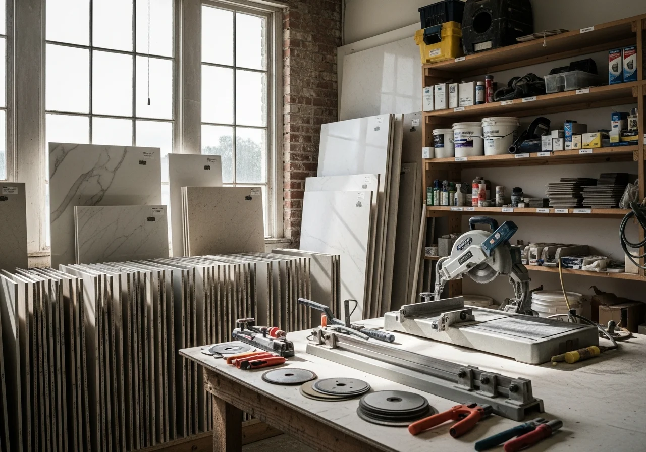Bathroom remodeling workspace with tile samples, tools, and materials ready for installation work.