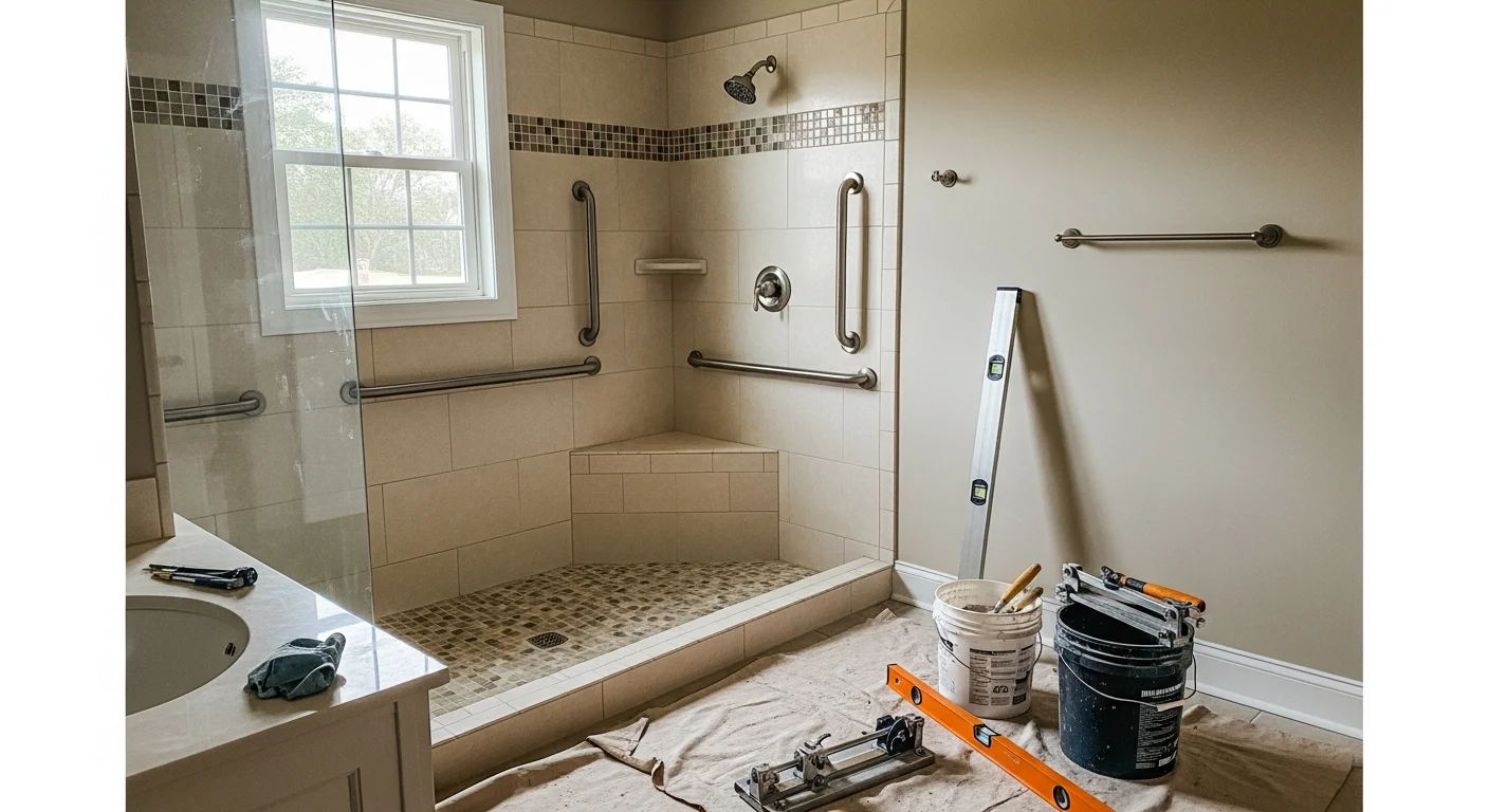 Completed bathroom remodel with tile flooring and custom shower installation