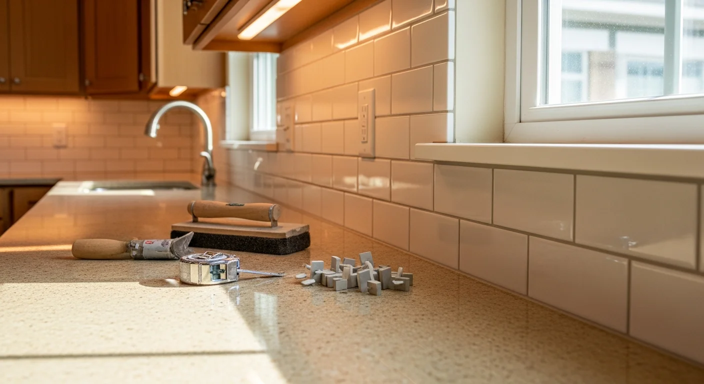 Kitchen backsplash and countertop installation with tile and stone materials