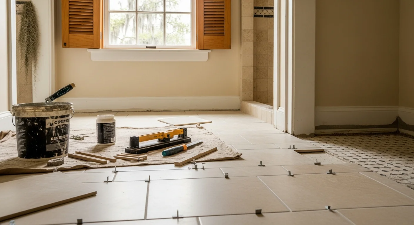 Large format porcelain tile installation in bathroom with natural stone accents