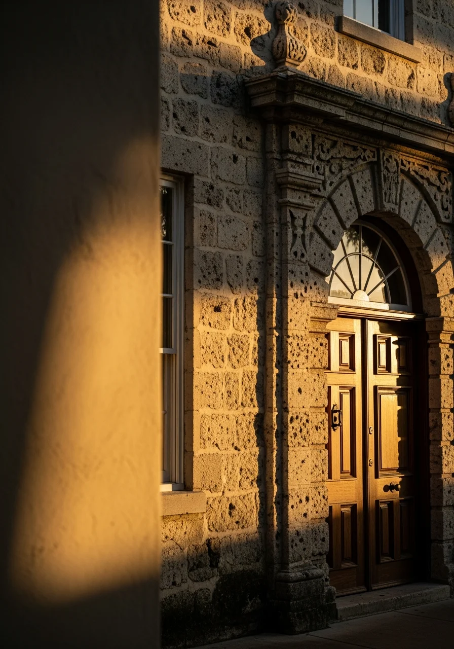 Close-up of a restored historic home facade in downtown St. Augustine with period details.
