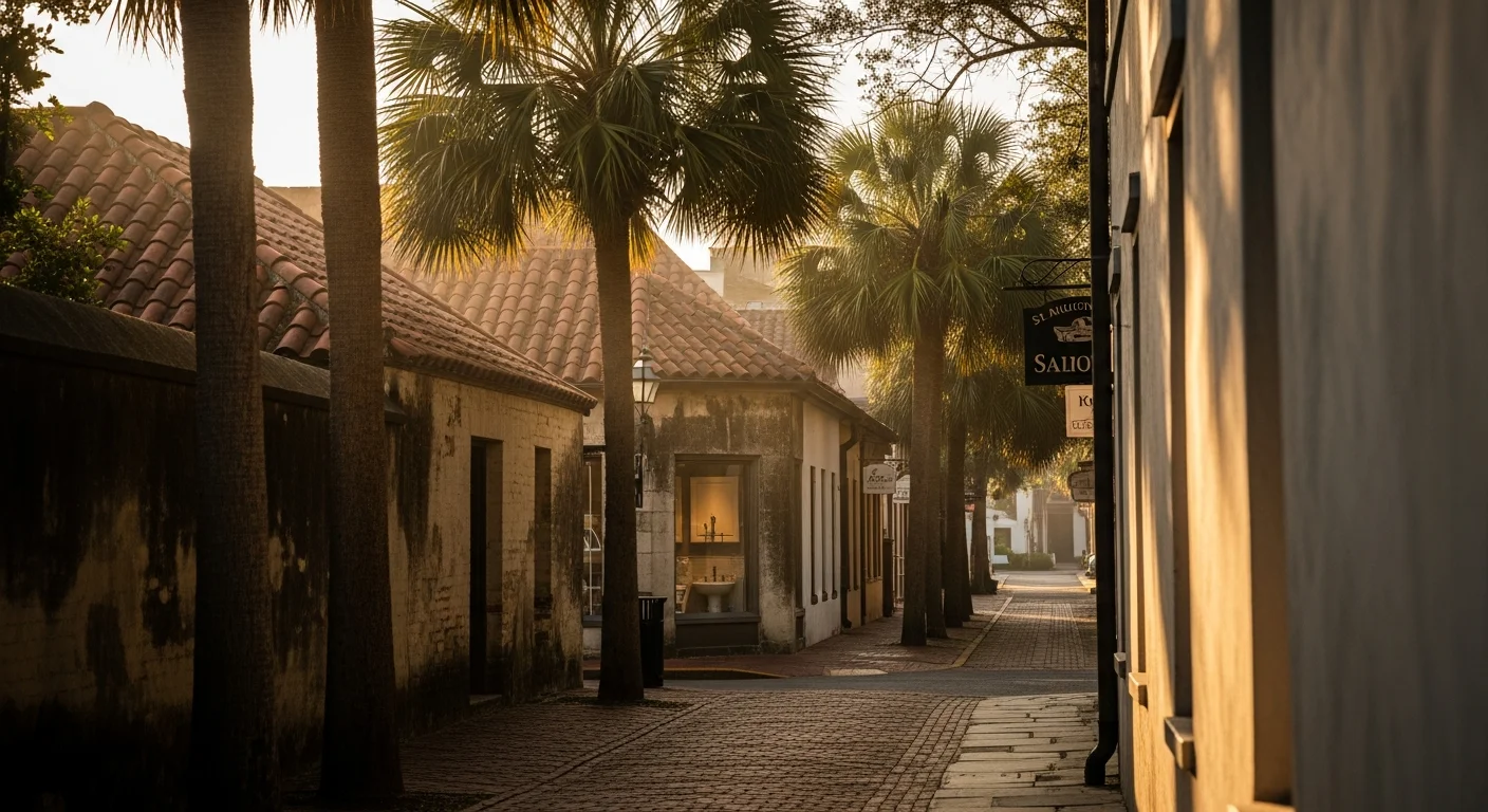 Historic St. Augustine street with Spanish colonial architecture and palm trees lining the brick pathway.