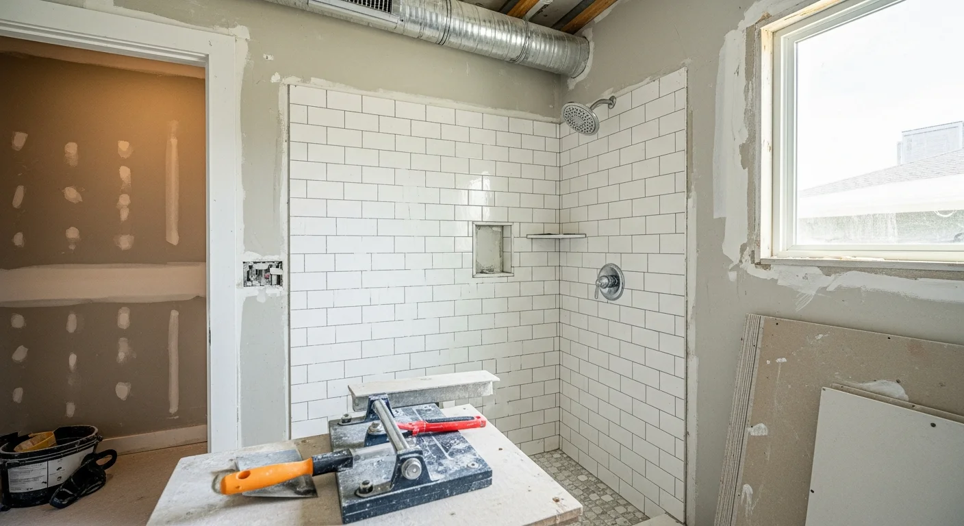 Remodeled bathroom in a St. Augustine home featuring a tiled walk-in shower, updated vanity, and moisture-resistant flooring suited for Florida's coastal climate. Clean, functional layout with modern fixtures replacing an outdated original bathroom.