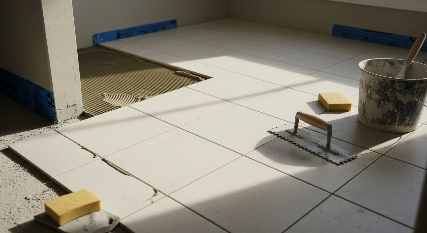 Freshly installed ceramic tile floor in a St. Augustine bathroom, showing straight grout lines and a clean, moisture-resistant surface. The tile runs from the shower base to the doorway of a residential home in St. Johns County.