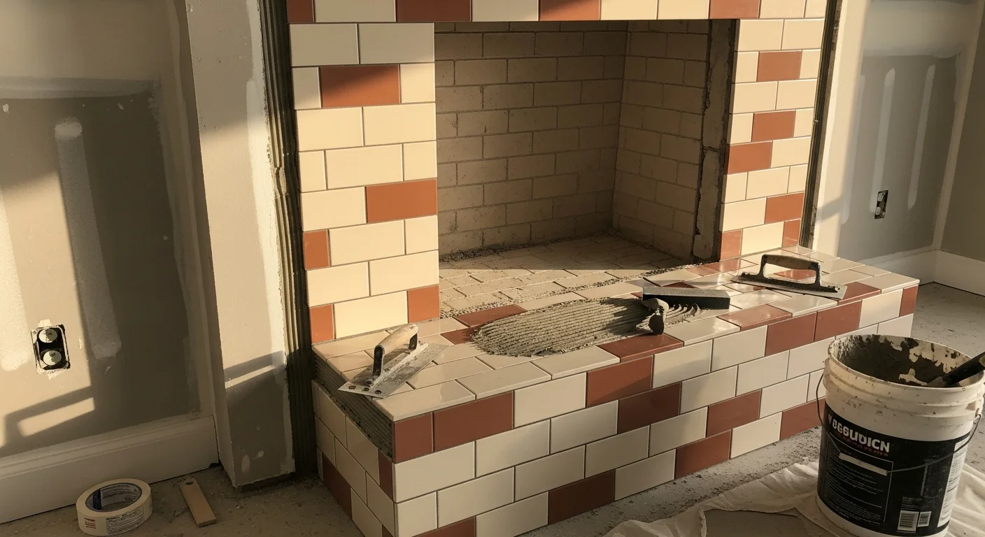 A tiled fireplace surround and hearth installed by Bathman LLC in a St. Augustine home, showing clean grout lines and a finished stone-look tile face. The fireplace sits in a living room with natural light, reflecting the mix of traditional and modern home styles common in St. Augustine.