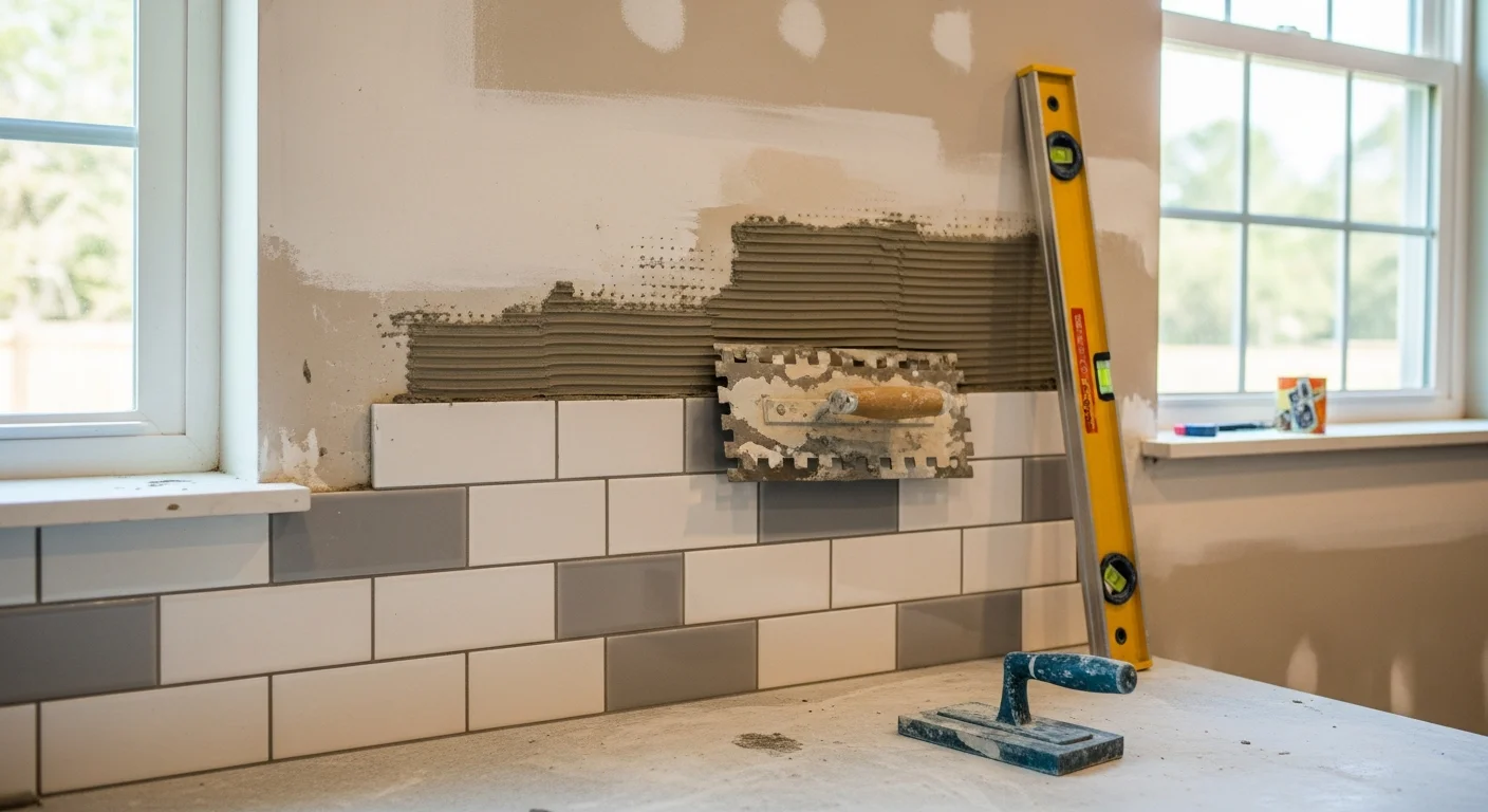 Freshly installed tile kitchen backsplash running from countertop to upper cabinets in a St. Augustine home, with clean grout lines and sealed tile surface visible behind the sink and stove area.