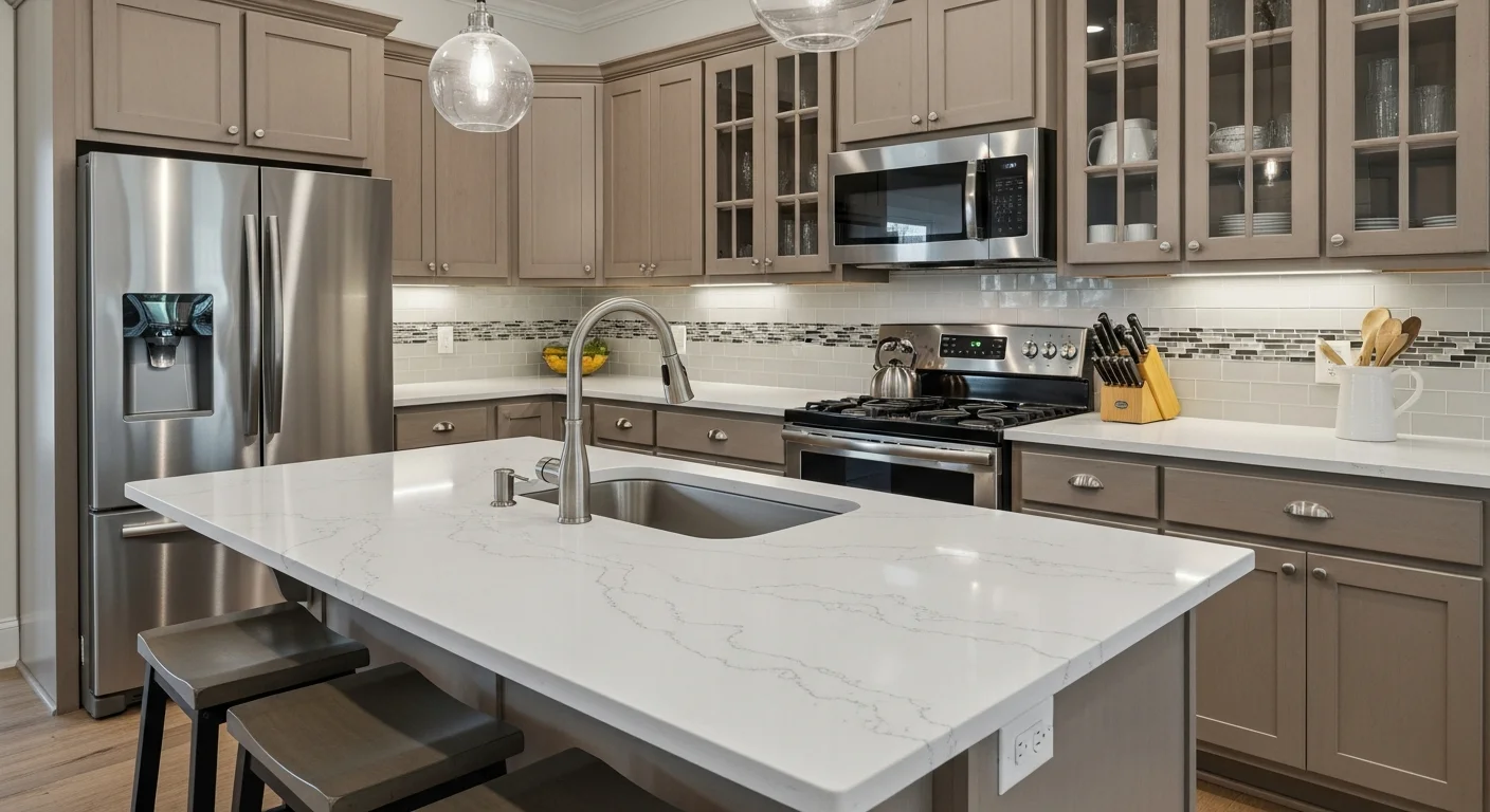 Newly installed stone kitchen countertop with a clean sink cutout and finished edges inside a St. Augustine, FL home. The surface runs along white base cabinets in a residential kitchen with natural light from a nearby window.
