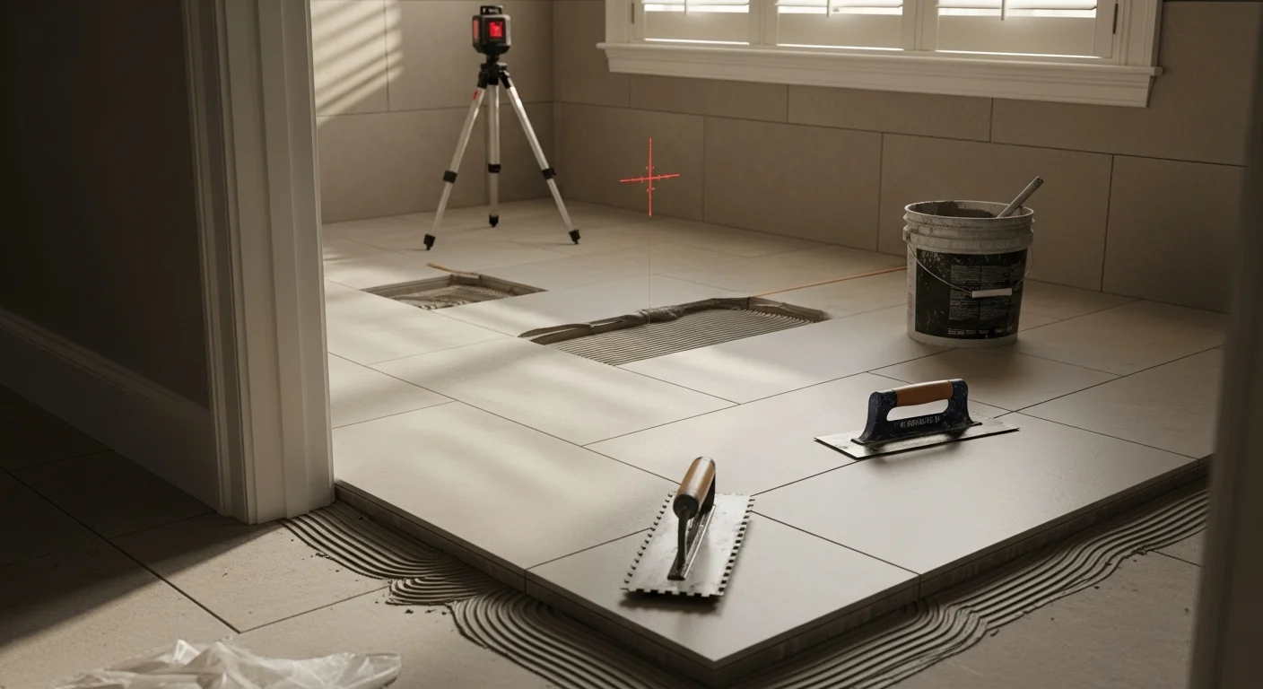 Large format porcelain tile installed on the floor of a St. Augustine home kitchen, showing wide tile slabs with tight grout lines and a flat, level surface. Natural light from a nearby window highlights the clean finish and open layout of the room.