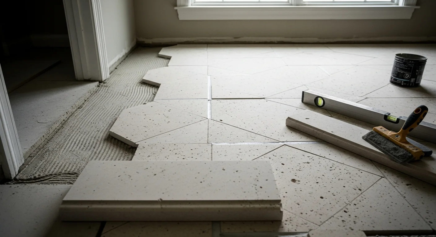 Freshly installed limestone flooring inside a St. Augustine home, showing tight joints, a smooth honed surface, and warm natural stone tones. The installation extends from an interior living area toward a set of glass doors opening to an outdoor patio.