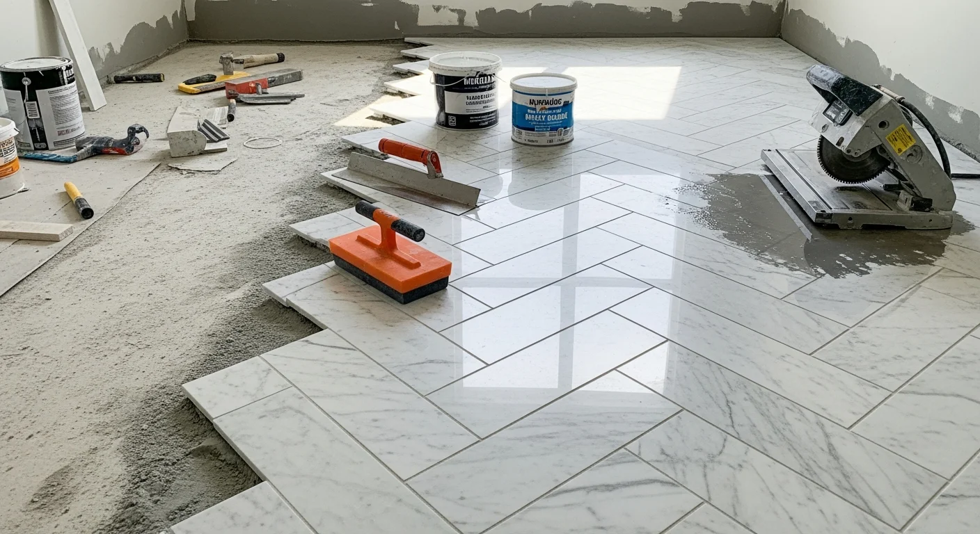 Polished white marble floor installed in a bright St. Augustine home bathroom, showing tight grout lines and a clean, sealed surface finish. The natural stone veining runs consistently across each tile, reflecting the room's natural light.
