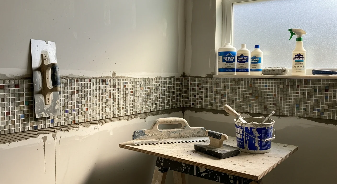 Completed mosaic tile installation on a bathroom shower wall in a St. Augustine home, showing uniform grout lines and a detailed small-piece pattern. The finished surface reflects the moisture-resistant installation methods used in Florida's coastal climate.