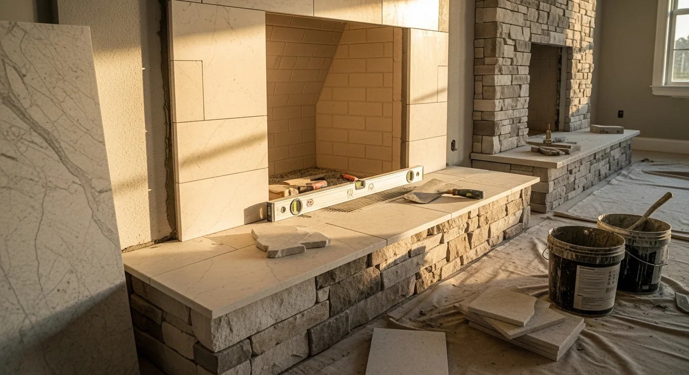 A completed natural stone fireplace surround and hearth installed by Bathman LLC in a St. Augustine, Florida home. The stone runs floor to mantel height with tight mortar joints and a smooth-set hearth slab at the base.