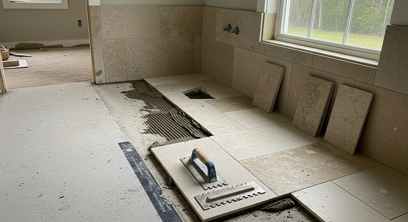 Freshly installed natural stone tile floor in a St. Augustine home bathroom, showing tight grout lines and a sealed stone surface. The warm-toned stone complements the home's coastal interior setting.