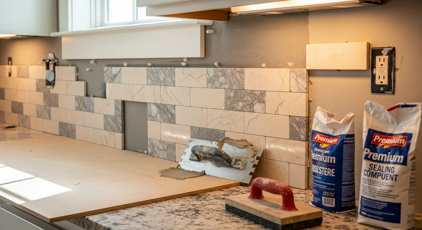 Freshly installed natural stone backsplash in a St. Augustine kitchen, showing level stone courses running between wood cabinets and a light-colored countertop. Grout lines are clean and consistent, with precise cuts around an electrical outlet near the range.