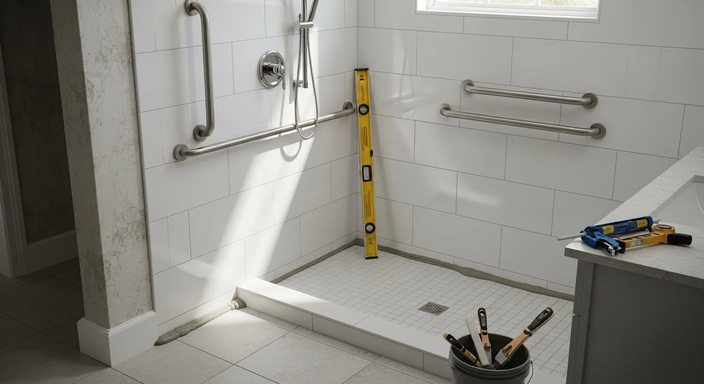 A finished wheelchair accessible roll-in shower in a St. Augustine home, featuring a zero-threshold entry, non-slip tile floor, and wall-mounted grab bars. The open barrier-free layout provides clear space for wheelchair access with no curb or step at the entrance.